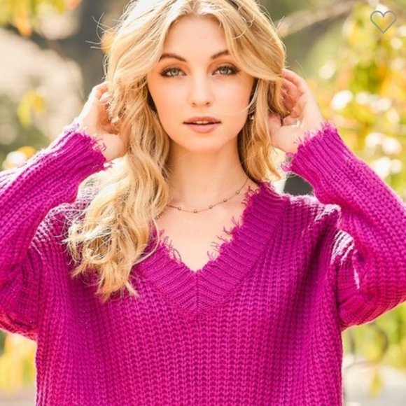 Off Shoulder Distressed V Neck Sweater Magenta Pink - Picture 2 of 7